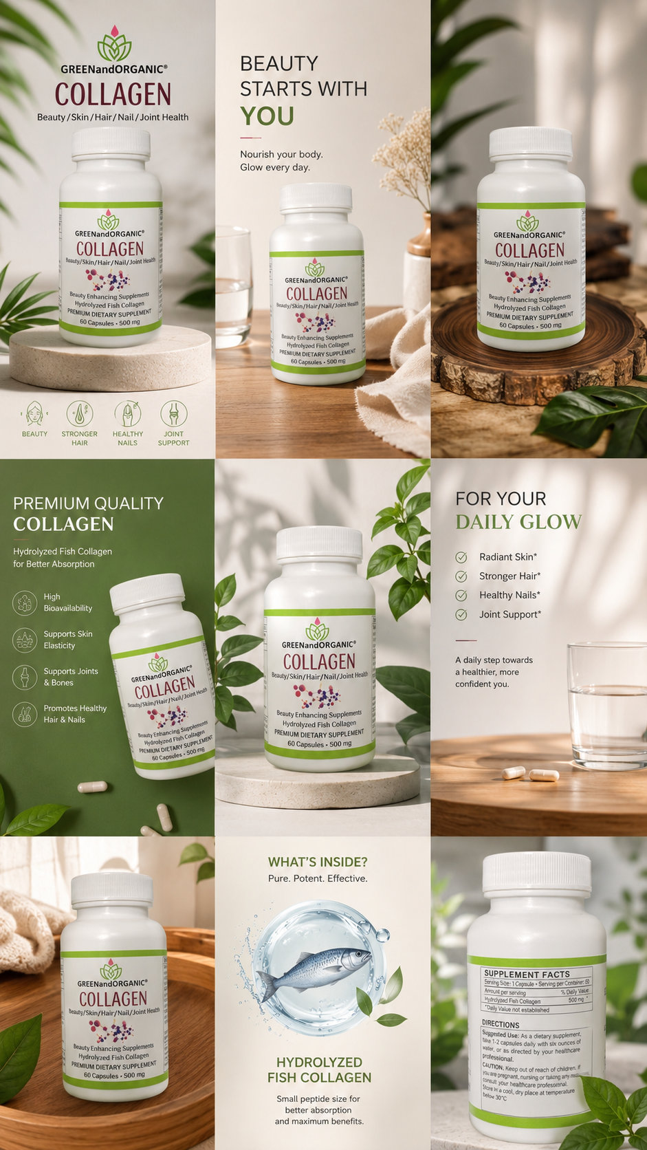 GREENandORGANIC® Premium Collagen – Hydrolyzed Fish Collagen Capsules (Halal)