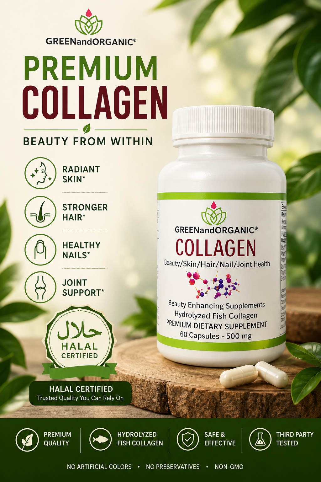 GREENandORGANIC® Premium Collagen – Hydrolyzed Fish Collagen Capsules (Halal)